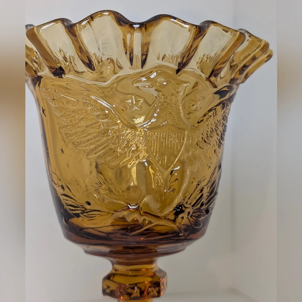 L.E. Smith Amber Federal Heritage Glass Goblet American Eagle MCM Crimped